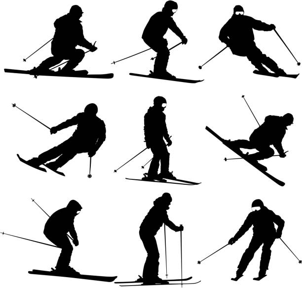 Set mountain skier   speeding down slope. Vector sport vector art illustration