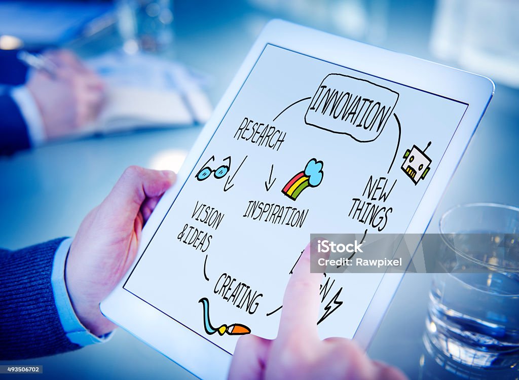 Innovation Invention Vision Research Future Concept ***NOTE TO INSPECTOR: All visible graphics are our own design, and were produced for this particular shoot.*** 2015 Stock Photo