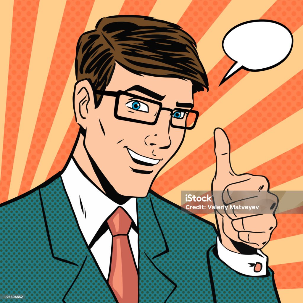 Successful businessman gives thumb up in vintage pop art comics Successful businessman gives thumb up in vintage pop art comics style. Likes and positive feel. Gesture good, hand and glasses, agree and smile, finger agreement, vector illustration Cartoon stock vector