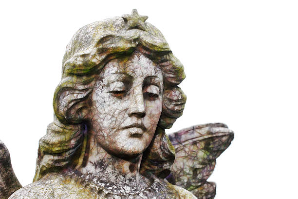 istock Angel face stone statue eyes downcast isolated on white 493508510