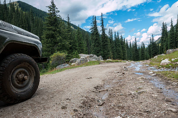 istock Offroad vehicle wheel on mountain road 493510150