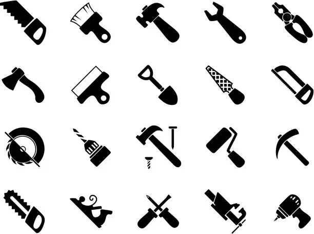 Vector illustration of Set of black hand and power tools icons