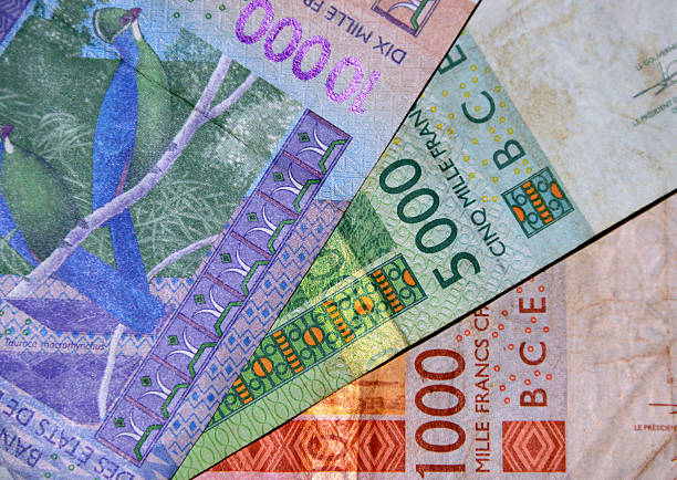 West African CFA franc bank notes West African CFA franc bank notes, 1000, 5000, 1000 francs - partial view. Currency of Benin, Burkina Faso, Guinea-Bissau, Ivory Coast, Mali, Niger, Sénégal and Togo -issued by the BCEAO, Banque Centrale des États de l'Afrique de l'Ouest / Central Bank of the West African States. UEMOA, Union Économique et Monétaire Ouest Africaine / West African Economic and Monetary Union - the CFA Franc is pegged to the Euro.  XOF currency code. french currency photos stock pictures, royalty-free photos & images