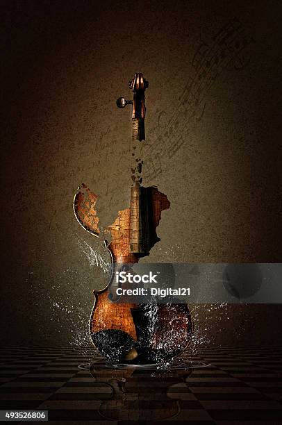 Shattered Violin With Water Stock Photo - Download Image Now - Violin, Breaking, Broken