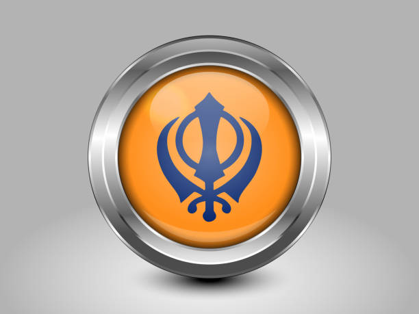 illustrazioni stock, clip art, cartoni animati e icone di tendenza di india nishan sahib variante bandiera. icona rotonda in metallo - religious icon interface icons globe symbol