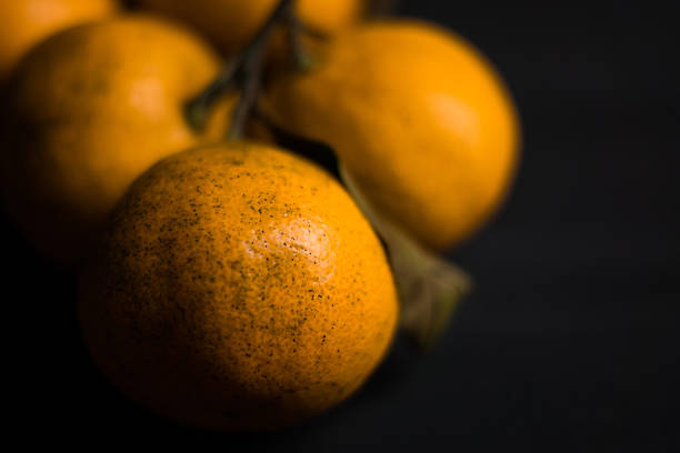 istock Tangerines on black wooden table 493527146