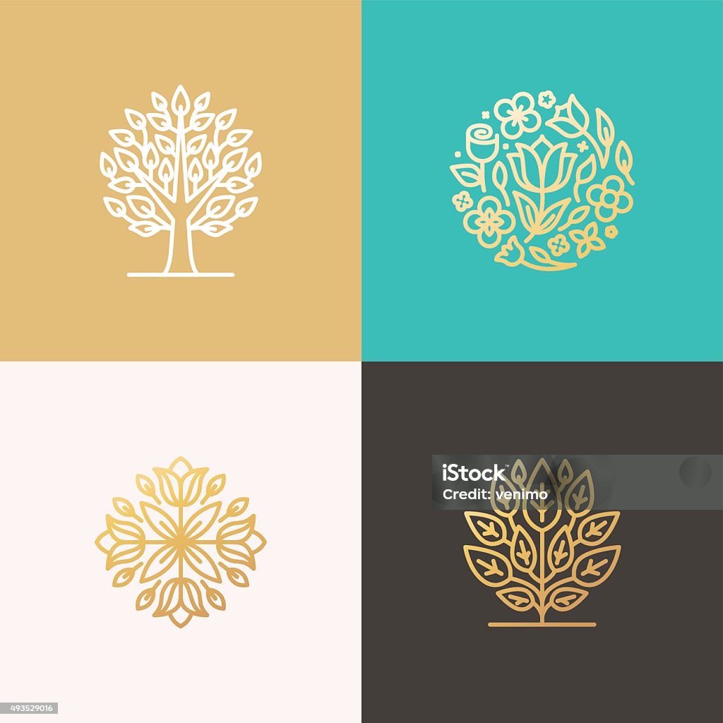 Florist and landscape designers logos Set of vector simple and elegant logo design templates in trendy linear style made with golden foil - abstract emblems for floral shops or studios, wedding florists, creators of custom floral arrangements, gardening businesses and landscape designers Beauty In Nature stock vector