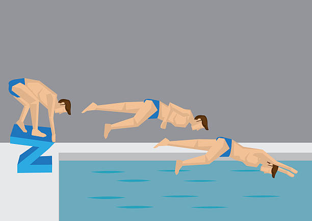 Diving Action Sequence Vector Illustration Series of action positions taken by a male swimmer jumping into water in swimming pool. Vector illustration in cartoon style. starting gun stock illustrations