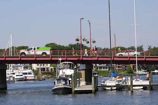 Annapolis, USA- May 25, 2015: View of the Spa Creek Bridge,  Annapolis, Maryland.  Annapolis is a historic colonial city located on the shores of the Chesapeake Bay.  Annapolis is the Sailing Capital of the United States and the Capital of the State of Maryland.  The city has an active waterfront for recreational boating and is a tourism destination.