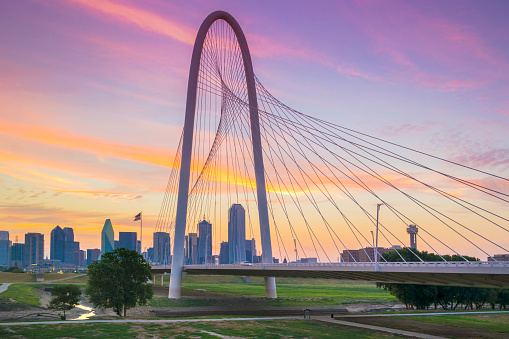 Photo of downtown Dallas in the morning. Sunrise moment. Dusk.