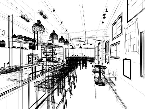 istock sketch design of coffee shop ,3dwire frame render 493534176