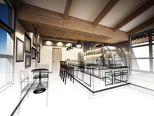 istock sketch design of coffee shop ,3dwire frame render 493534266