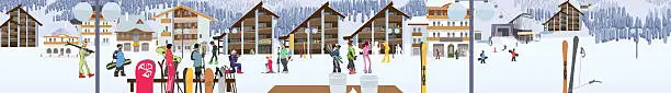 Vector illustration of Ski resort, snow gun, hotel and ski lifts. Vector