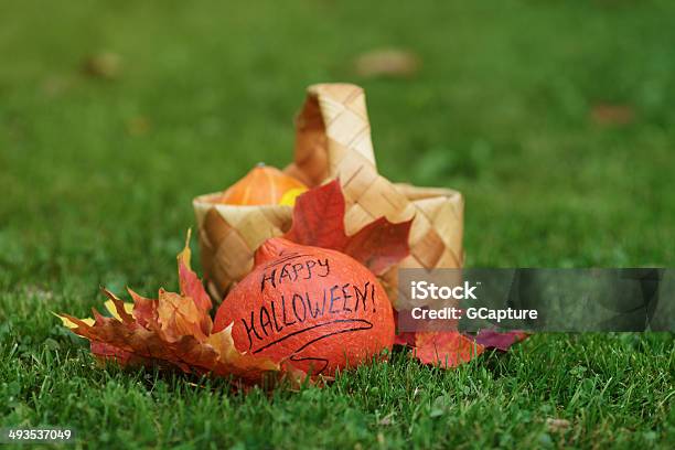 Halloween Pumpkin With Basket And Leaves Stock Photo - Download Image Now - Autumn, Backgrounds, Basket