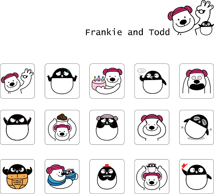 Fifteen emoticons and motions about Frankie bear and Todd penguin.