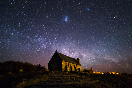 The Church of the Good Shepherd with the Milky Way in the background.