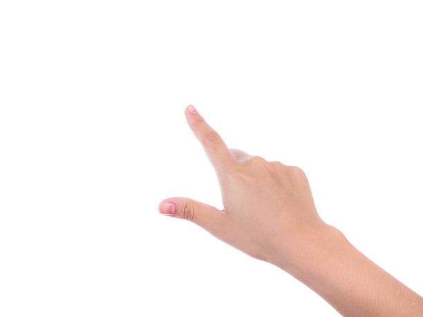 istock Woman hand touching virtual screen isolated on white background 493539013