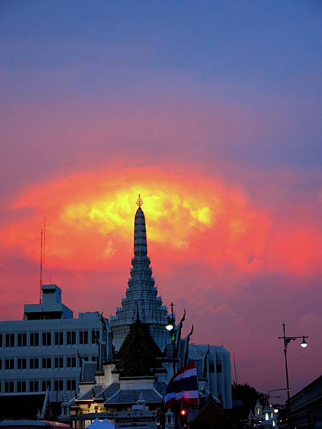 istock Rainy storm and sunset over pagoda 493540403