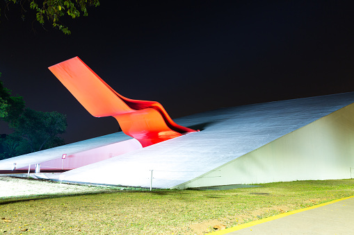 Sao Paulo, Brazil - October 19, 2014: The Ibirapuera Auditorium (Portuguese: Auditório Ibirapuera) is a building conceived by Oscar Niemeyer for the presentation of musical spectacles, situated in Ibirapuera Park in São Paulo.