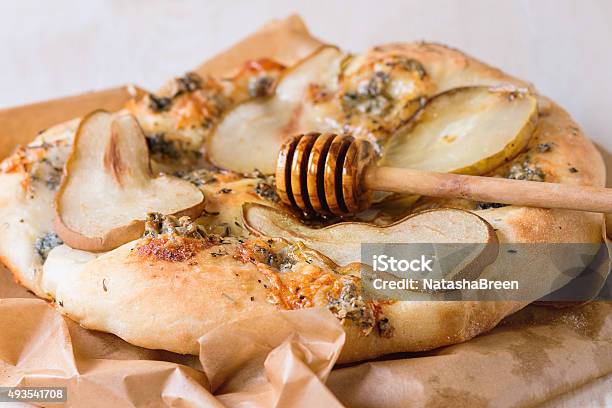 Pizza With Pear And Gorgonzola Stock Photo - Download Image Now - 2015, Appetizer, Baked