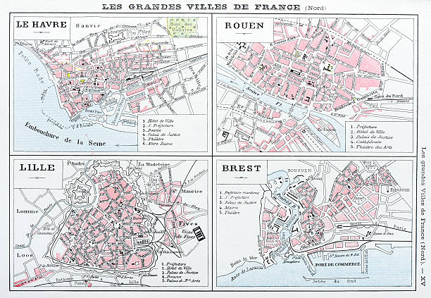 antique map of french города: гавр, rouen, лилле, брест - illustration and painting european culture national landmark famous place stock illustrations