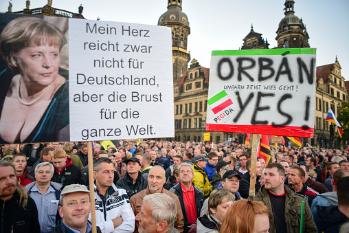 Dresden, Germany, September 28, 2015: More than a thousand gather to protest the anti-Islamization of Germany.