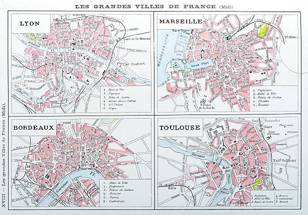 stockillustraties, clipart, cartoons en iconen met antique map of french cities: lyon, marseille, bordeaux, toulouse - toulouse
