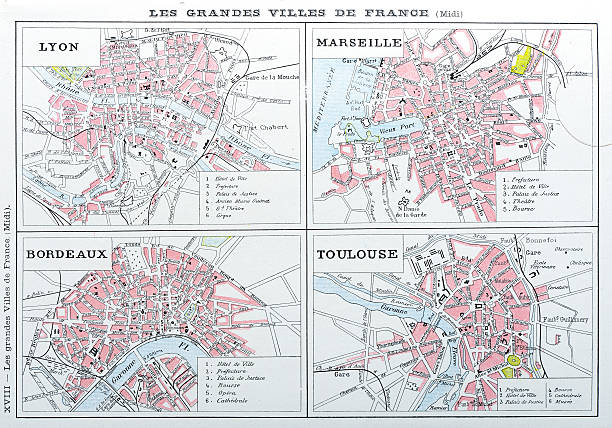 antique map of french города: лион, марсель, бордовый, toulouse - illustration and painting european culture national landmark famous place stock illustrations