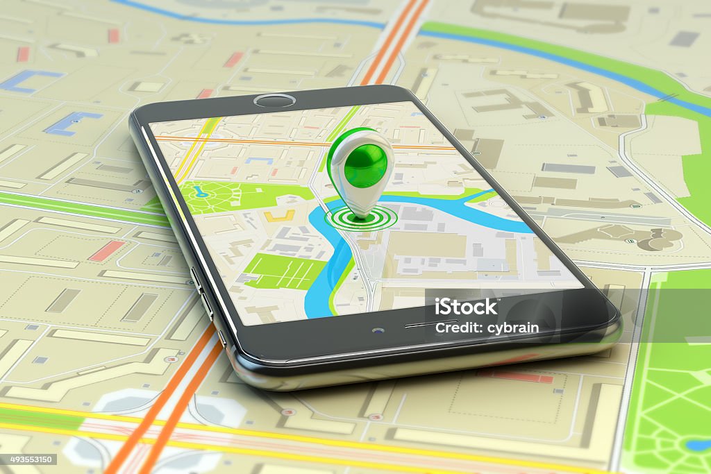 Mobile gps navigation, travel destination, location and positioning concept Smartphone with city map application and marker pin pointer on phone screen Global Positioning System Stock Photo