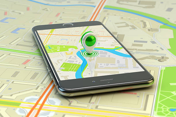 Mobile gps navigation, travel destination, location and positioning concept Smartphone with city map application and marker pin pointer on phone screen navigational equipment photos stock pictures, royalty-free photos & images