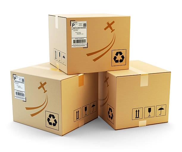 global fácil de conceito de transporte e parcelas - cardboard box package box label imagens e fotografias de stock