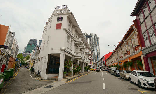Singapore, Singapore - July 4, 2015: Old buildings located in Chinatown of Singapore. As the largest ethnic group in Singapore is Chinese, Chinatown is considerably less of an enclave than it once was.