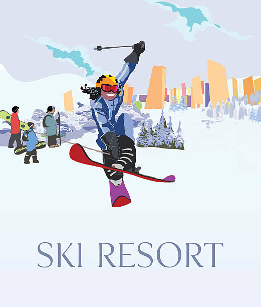 лыжный курорт и снежный gun, отеля и горнолыжным подъемникам. tm - mono ski stock illustrations
