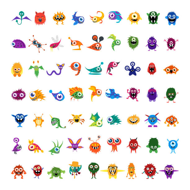 Big vector set of drawings custom characters isolated colorful monsters Big vector set of drawings custom characters isolated colorful monsters, germs, bacteria, aliens, halloween characters for prints, website, social media avatar, banners. For your design and business. monster fictional character illustrations stock illustrations