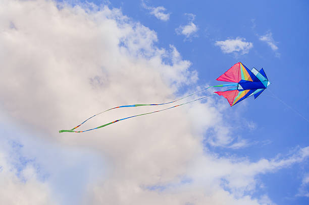 istock Rainbow kite flyes in the blue sky 493557800