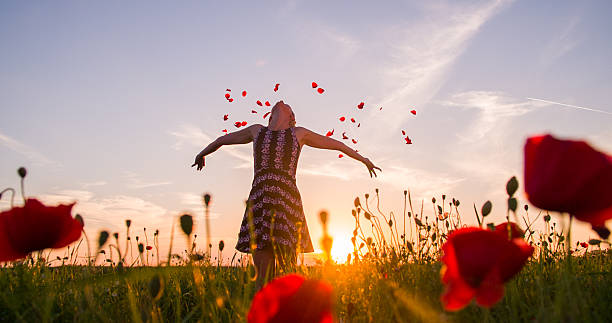 mujer tirando pétalos en el prado con puesta de sol - flower toss fotografías e imágenes de stock