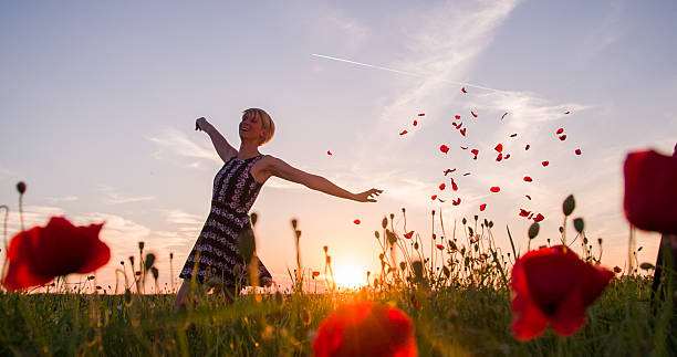 alegre mujer en la pradera - flower toss fotografías e imágenes de stock