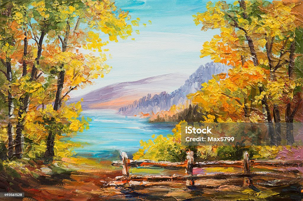 Oil painting landscape - colorful autumn forest, mountain lake Oil painting landscape - colorful autumn forest, mountain lake, impressionism Painting - Activity stock illustration Oil painting landscape - colorful autumn forest, mountain lake Oil painting landscape - colorful autumn forest, mountain lake, impressionism Painting - Activity stock illustration