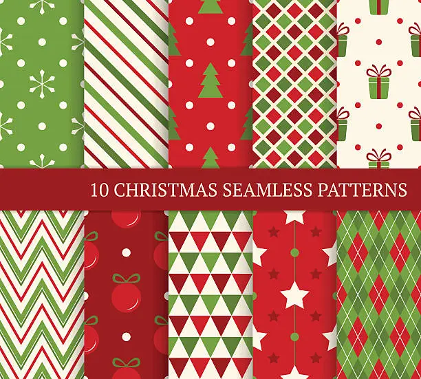 Vector illustration of Ten Christmas different seamless patterns.