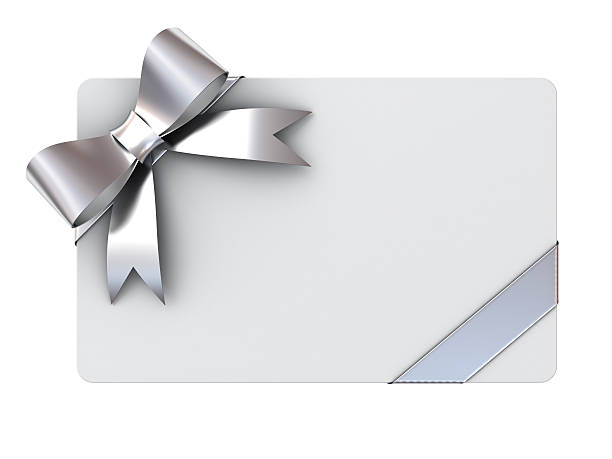 Blank gift card with silver ribbons and bow Blank gift card with silver ribbons and bow isolated on white background. gift tag note photos stock pictures, royalty-free photos & images