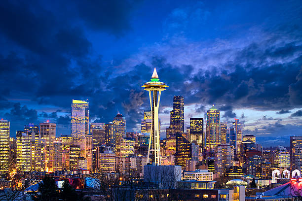 panorama de seattle - seattle skyline cityscape space needle photos et images de collection