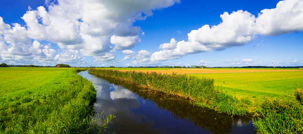 Panorama of a typical Dutch polder landscape with a curved ditch in between flat grassy meadows under a nicely cloudy sky.