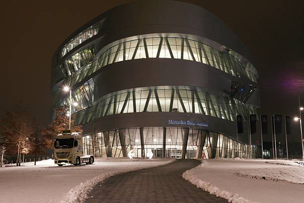 Stuttgart, Germany - January 18, 2013: the museum of Mercedes Benz in Stuttgart in a winter night