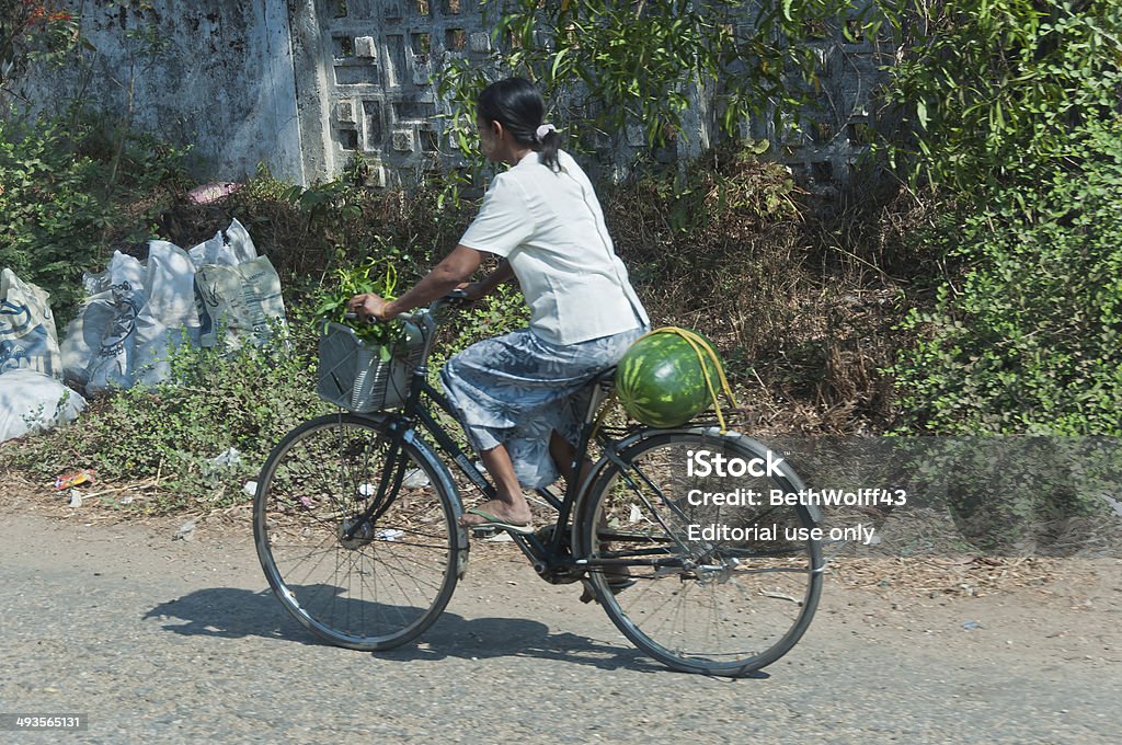 Bicycle with watermelon and plants Yangon, Myanmar-February 21, 2014 Bicycle Stock Photo