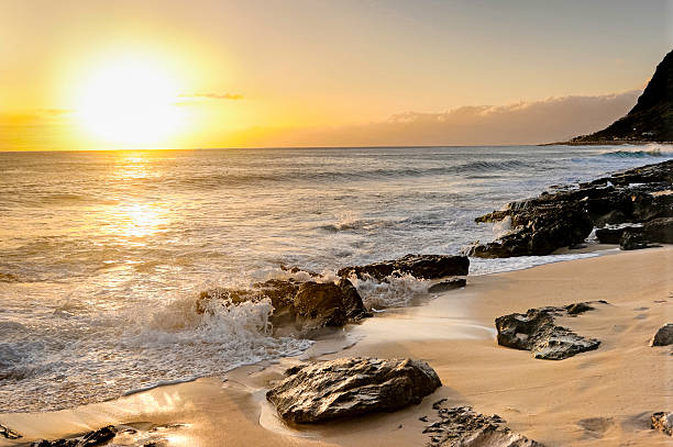 istock Bright sun rising or setting over a rocky coastline 493570537