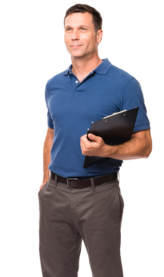 Thirty-something causal businessman holding clipboard isolated on White background