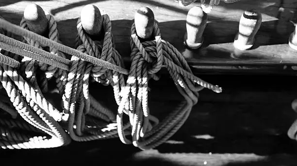 pin rail, black and white, old tallship or sailboat