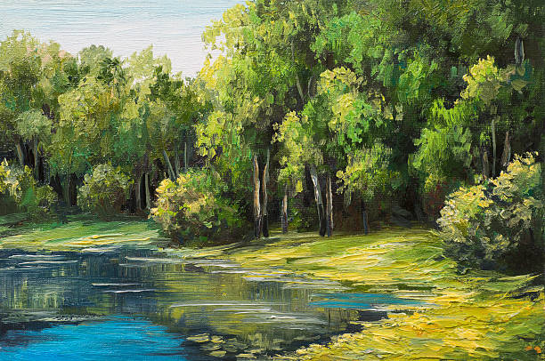 istock Oil painting landscape - lake in the forest, summer day 493575488