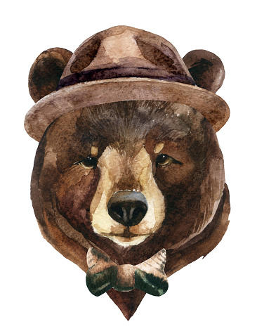 Bear head in hipster style. Watercolor bear painting illustration isolated on white background