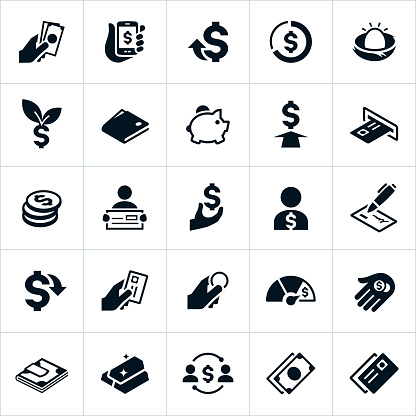 Icons showing US currency in different forms. The icons include cash, coins, credit cards, dollar signs and other items to symbolize money. They show money being exchanged, held, handled, issued and distributed.